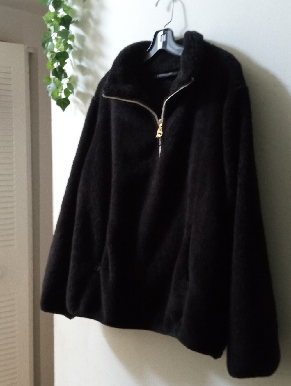 Colleen Lopez Black Plush Half-Zip Teddy Pullover Jacket